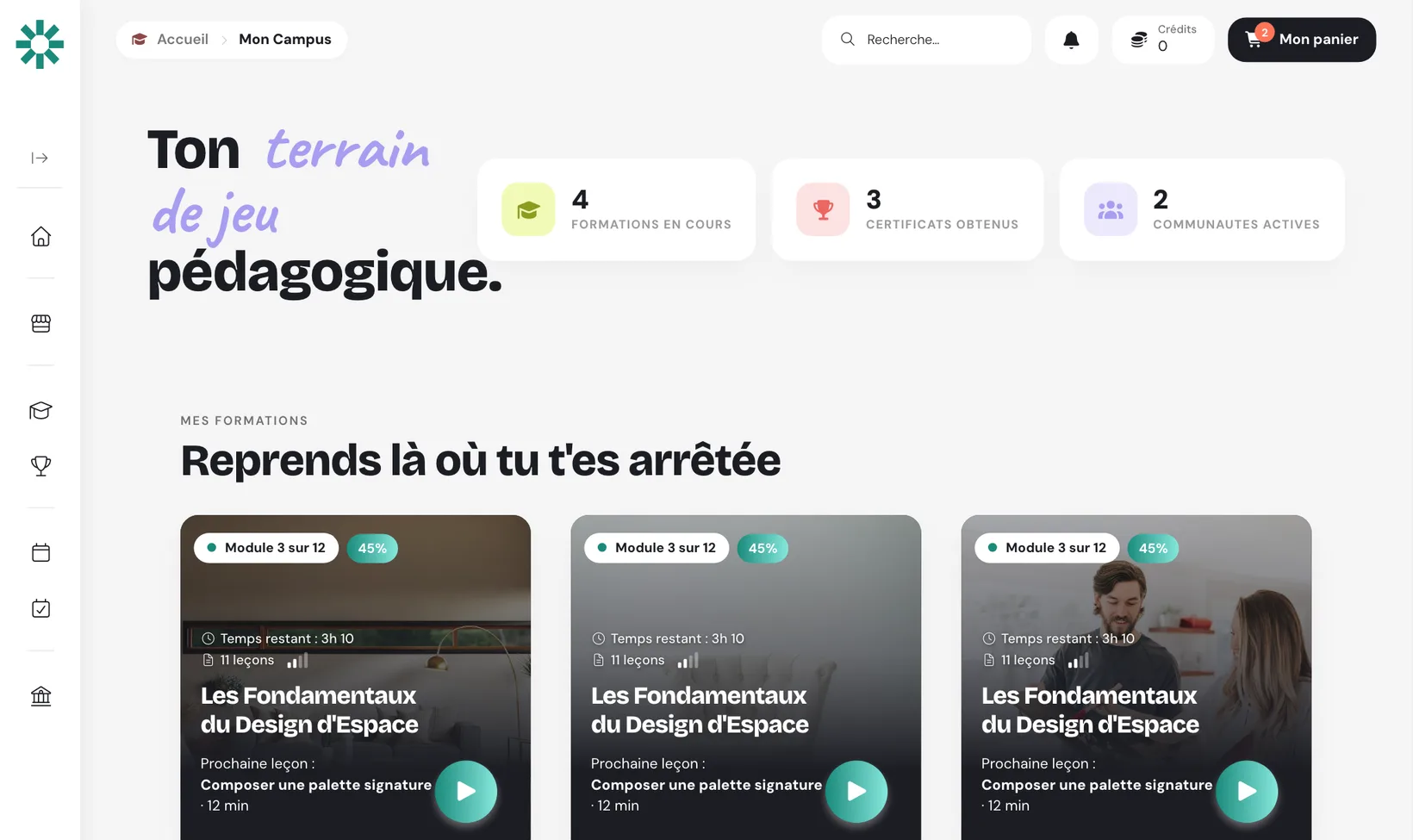 Espace apprenant d’une académie Learnybox : formations en cours et progression