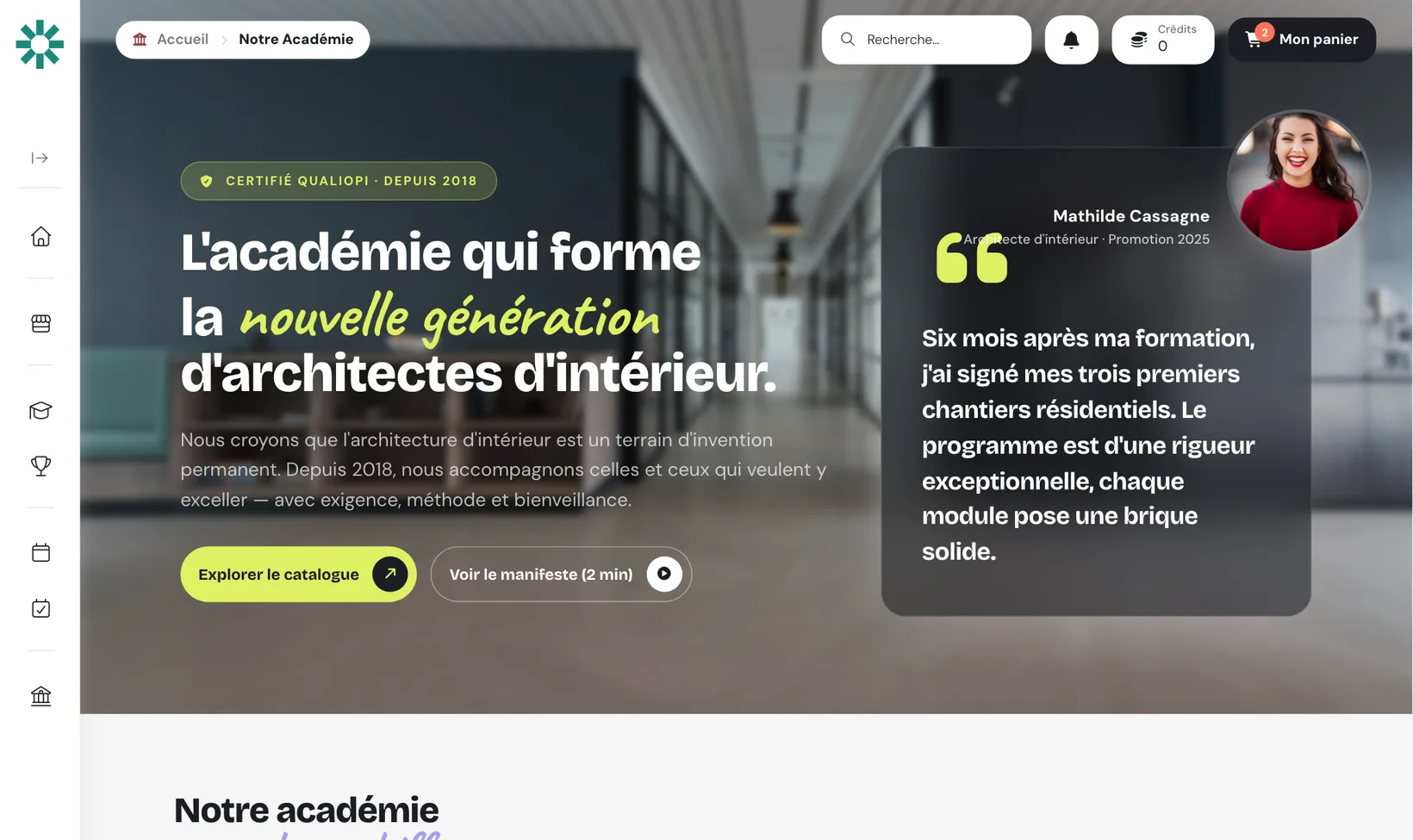 Page vitrine d’une académie Learnybox : présentation, témoignage et chiffres clés